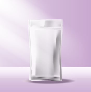High-resolution glossy stand-up pouch mockup for branding, product presentation. Studio-style composition with focus on shape and texture. Commercial packaging design for promotional and advertising. vector