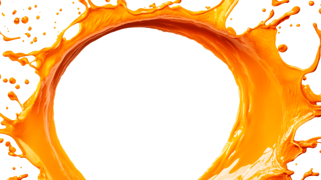 Splashing orange paint forms circle frame, dynamic fluid motion, cut out transparent png