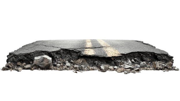 Cross-section of asphalt road with rubble and cracks, cut out transparent png