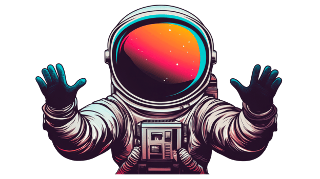 Spaceman extending arms in space with colorful helmet, cut out transparent png