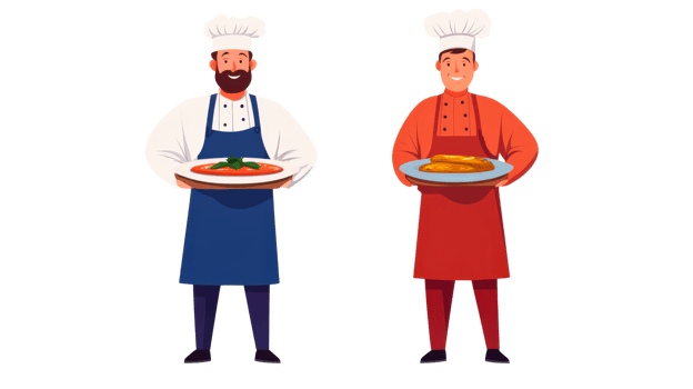 Two cheerful cooks holding tasty dishes, cut out transparent png