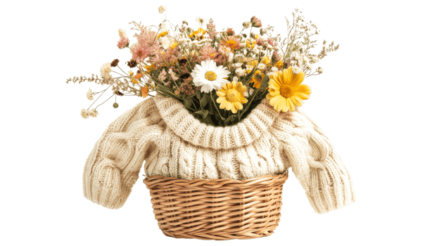 Sweater with flowers in a wicker basket, cut out transparent png