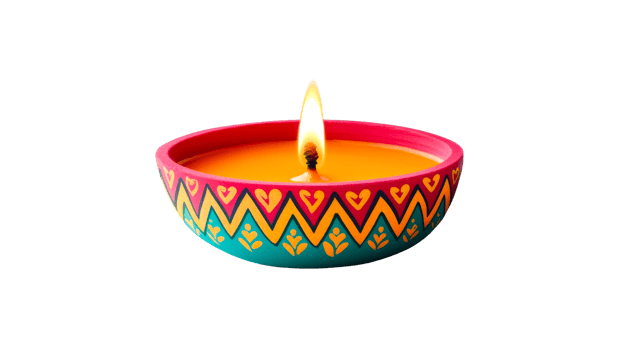 Burning Diwali oil lamp. Festive bowl-shaped diya, cut out transparent png