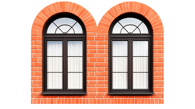 Arched brick window pair with curtain, transparent background, cut out transparent png