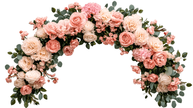 Elegant floral archway decoration of roses and hydrangeas, cut out transparent png