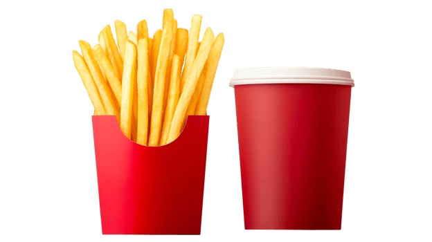 Crispy fries in red box, red cup with cap, isolated, cut out transparent png