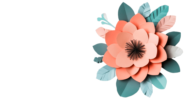 Paper flower background with peach petals, leaves, botanical, cut out transparent png