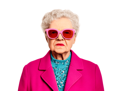 Elderly woman with gray hair in pink coat, cut out transparent png