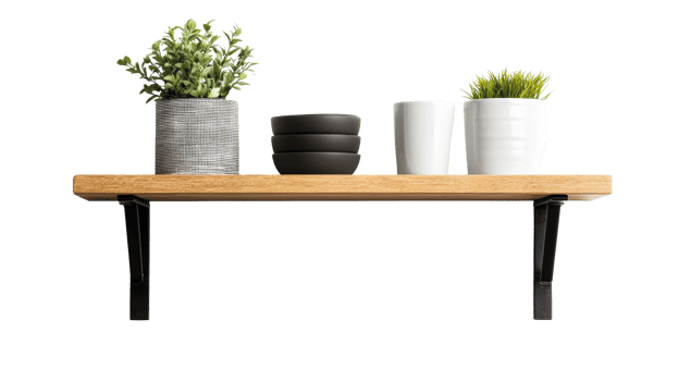 Shelf with Plants and Bowls Arrangement , cut out transparent png