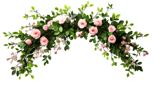 Pink roses and green foliage arrangement, arch design, cut out transparent png