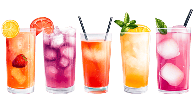 Colorful summer cocktails with ice, refreshing drinks, cut out transparent png