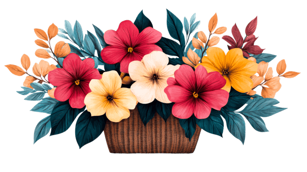 Basket arrangement with assorted color flowers, cut out transparent png