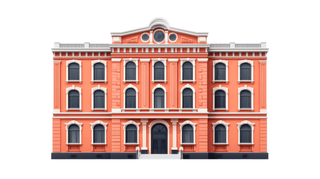 Classic orange building facade with white trim, cut out transparent png