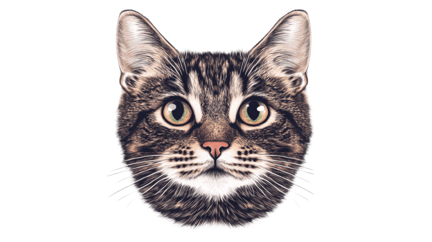 Tabby cat face with green eyes, portrait isolated, cut out transparent png