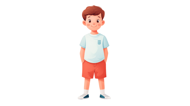 Cartoon boy standing, wearing shorts, pocket, smiling, cut out transparent png
