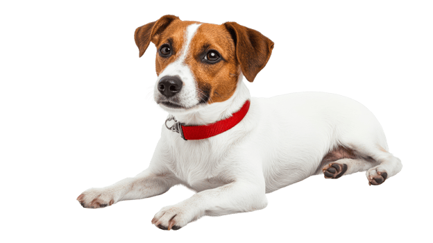 Small dog Jack Russell Terrier lying with red collar, cut out transparent png