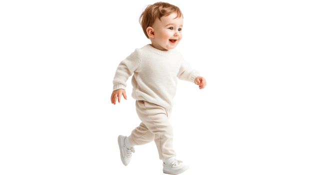 Happy baby taking first steps, joyful toddler learning to walk, cut out transparent png