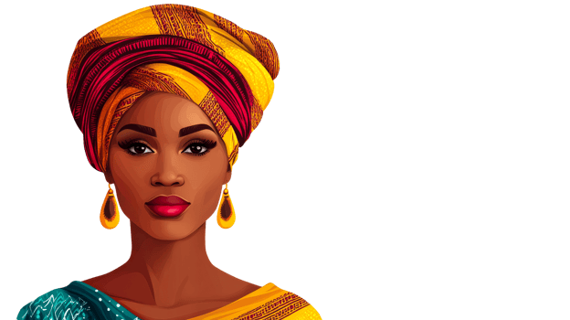Elegant woman in head wrap with gold earrings, on black background, cut out transparent png