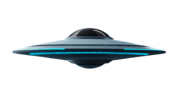 Futuristic silver UFO hovers with glowing blue lights in the dark, cut out transparent png