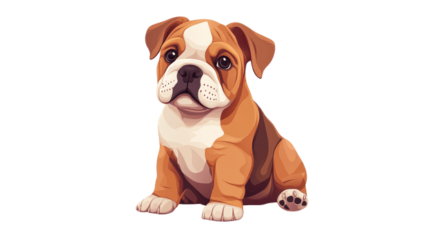 Bulldog puppy sitting, illustration portrait of a young dog, cut out transparent png