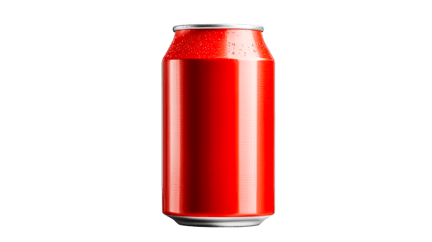 Red aluminum drink can with water drops, isolated cut out transparent png