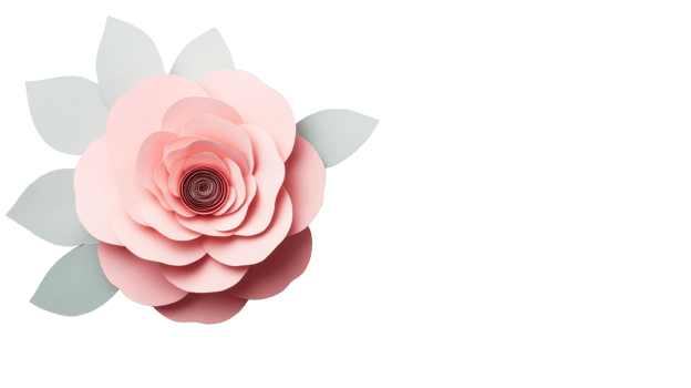 Pastel pink paper flower with pale green leaves, cut out transparent png