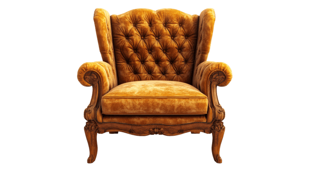 Luxurious vintage armchair, upholstered in gold velvet, cut out transparent png