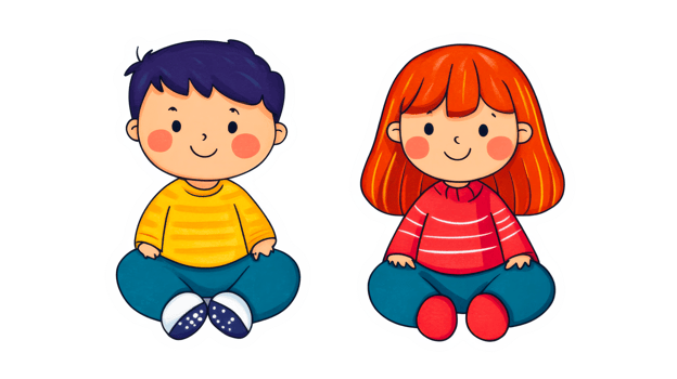 Cartoon children meditating, smiling, together, cut out transparent png