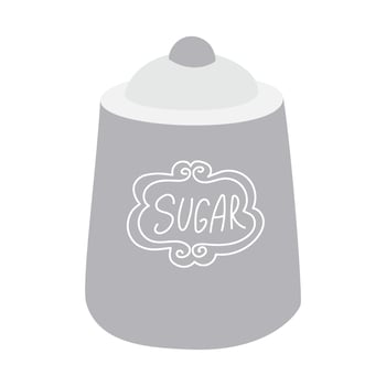The porcelain sugar bowl is white with an inscription. Insulated jar for storing crumbly sugar on a white background. A sweetener for tea. A flat illustration of a storage jar. Kitchen utensils vector