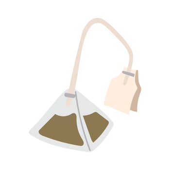 The tea bag is flat. Green, black triangular, pyramid, tea bags for brewing. A bag with a label. It's tea time. For hot drinks for brewing with water. Colored light illustration vector