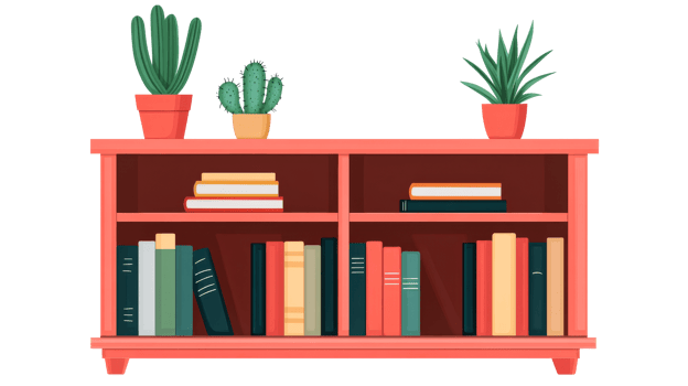Bookshelf with books and plants indoors, cut out transparent png