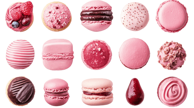 Pink sweets isolated on black background, cut out transparent png