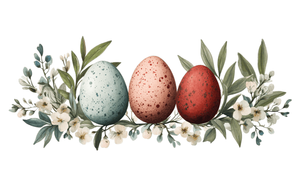 Three speckled eggs amidst delicate floral arrangements, cut out transparent png