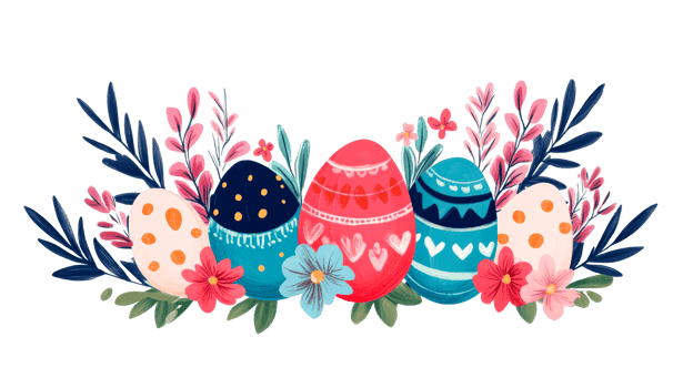 Easter eggs arrangement with flowers and leaves, floral decoration, cut out transparent png