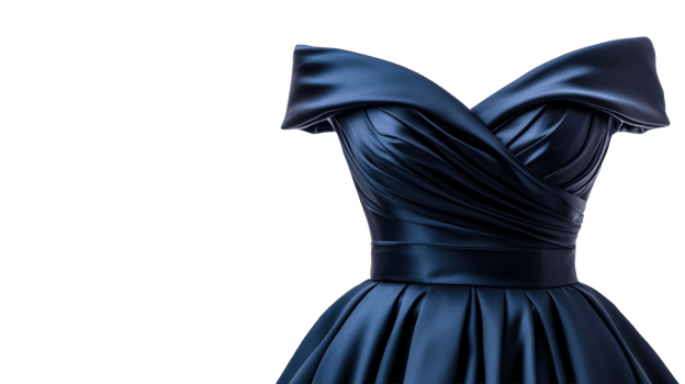 Chic navy blue evening gown on black backdrop, cut out transparent png