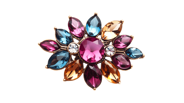 Jewel flower with colorful gems, petal design, gold rim, cut out transparent png