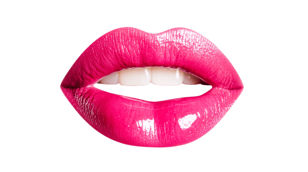 Shiny pink lipstick, teeth, open mouth, make-up art, beauty concept, cut out transparent png