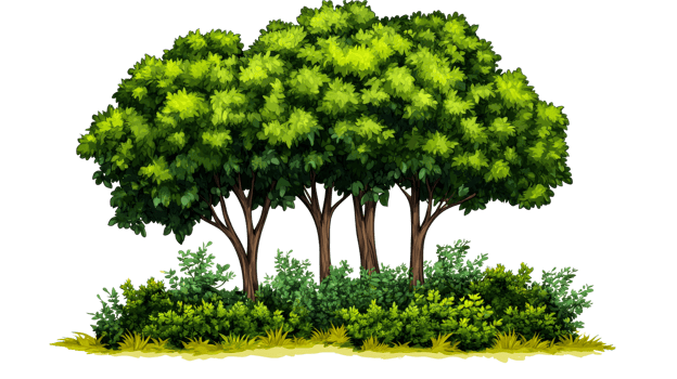 Lush green trees with vibrant foliage and undergrowth, cut out transparent png