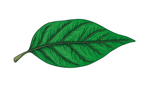 Detailed green leaf illustration with veins, isolated , cut out transparent png