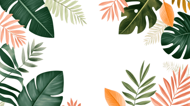 Exotic leaves border background with black in center, cut out transparent png