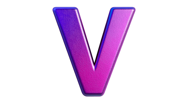 Shiny embossed letter V with purple gradient, cut out transparent png