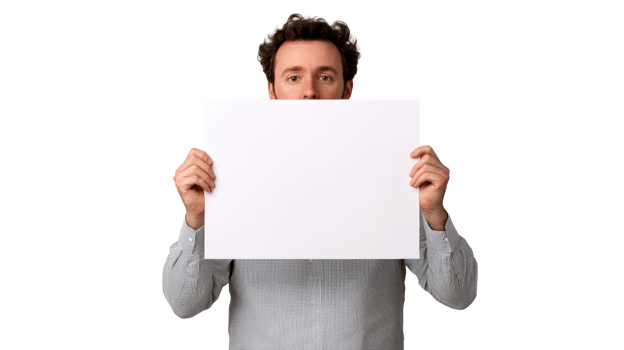 Man with white blank sheet in his hands, cut out transparent png