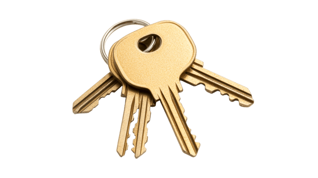 Bunch of gold keys on a silver ring close-up, cut out transparent png