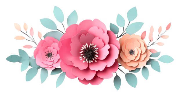 Floral arrangement of paper flowers, leaves and branches, cut out transparent png