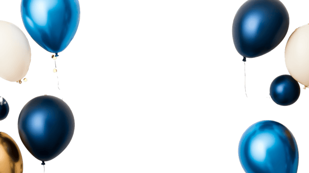 Celebration balloons in blue, gold, and white colors, cut out transparent png