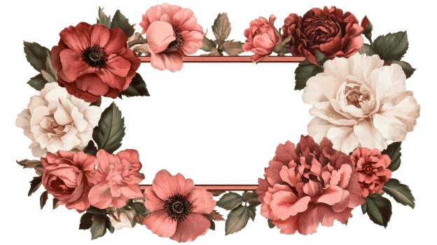 Vintage floral frame with roses, peonies and buds, cut out transparent png