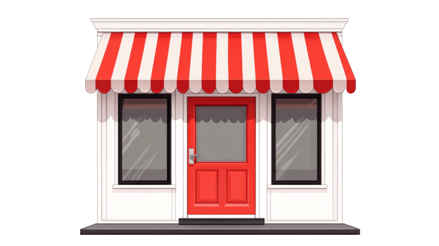 Illustration of shop front with awning, entrance, windows, cut out transparent png