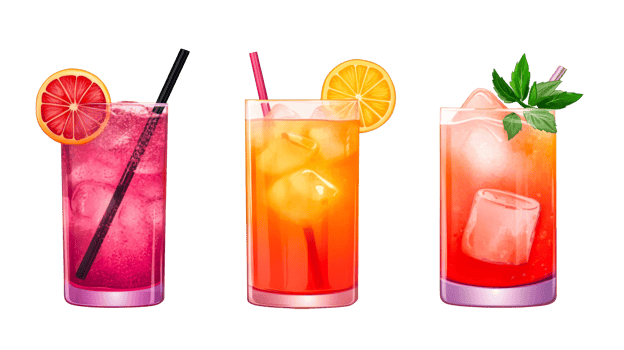 Three colorful cocktails with ice and citrus, cut out transparent png