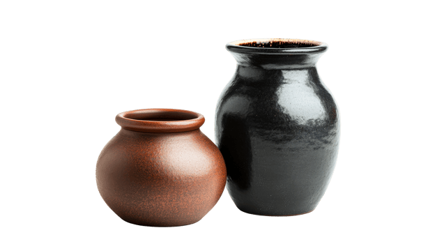 Two ceramic vases, earthenware pottery craft objects, cut out transparent png
