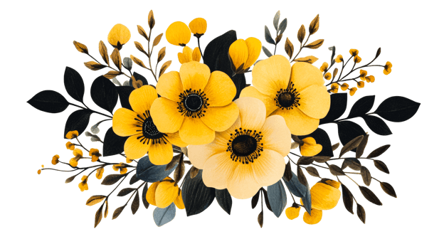 Yellow flowers arrangement on black background, floral artwork, cut out transparent png